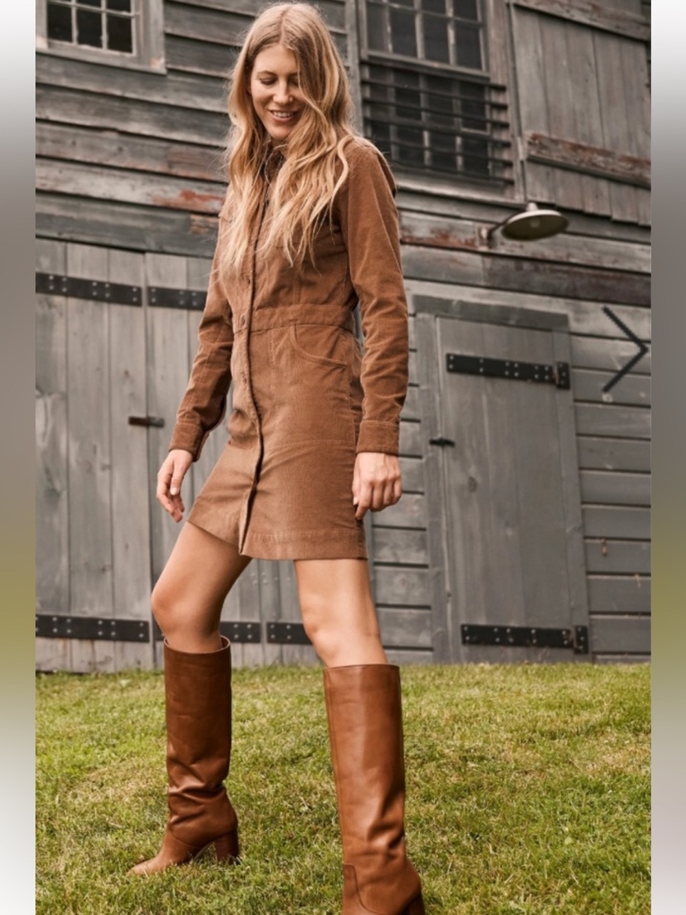 NWT! Faherty Michelle Stretch Brown Corduroy Button Up Shirt Dress Preppy Sz. 8